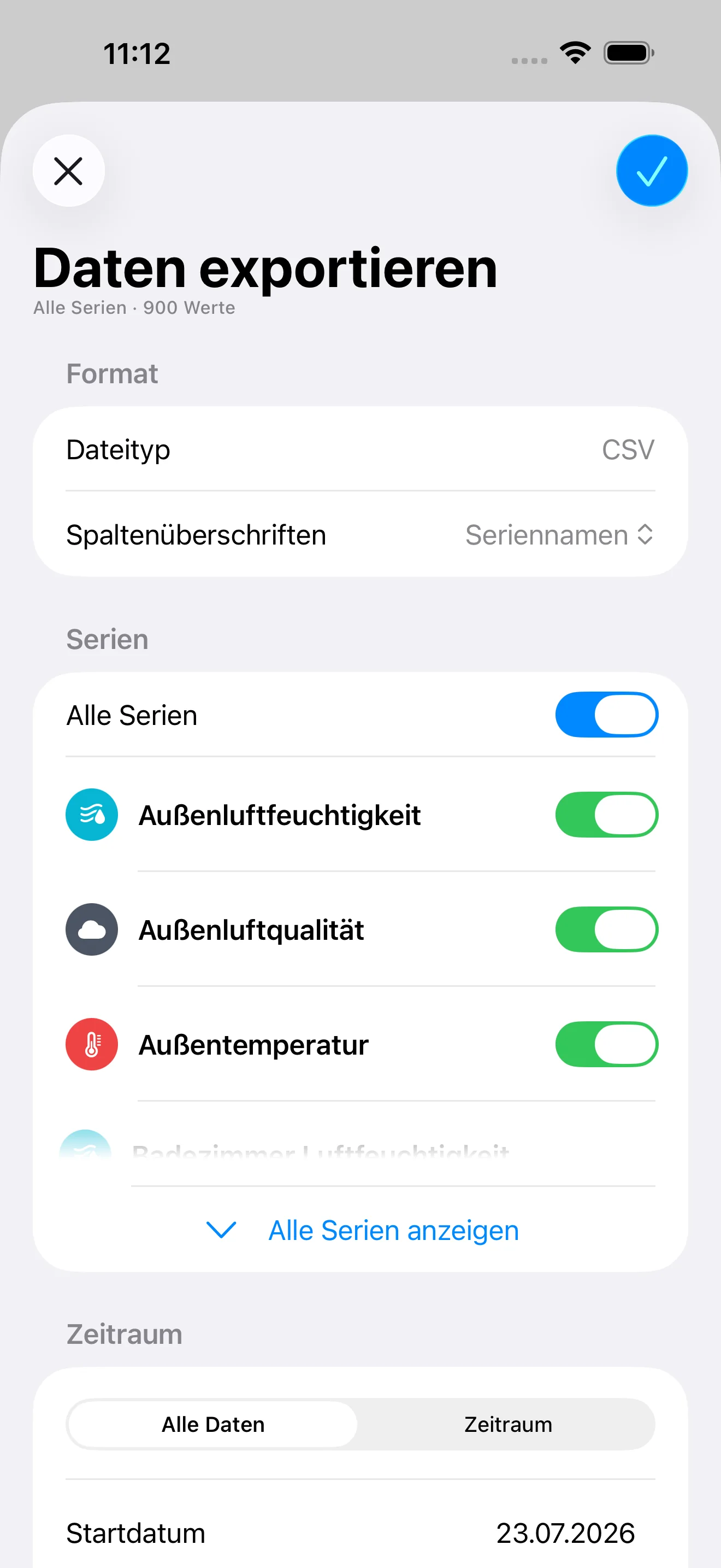 Auswahl mehrerer Serien für den Export in DataJot 1.5