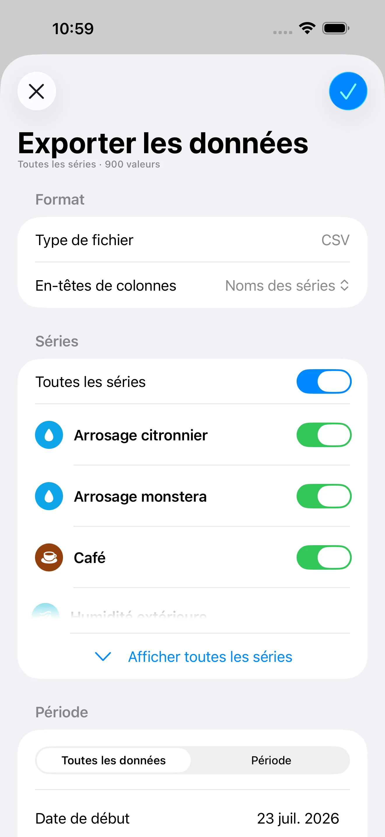 Sélection de plusieurs séries à exporter dans DataJot 1.5